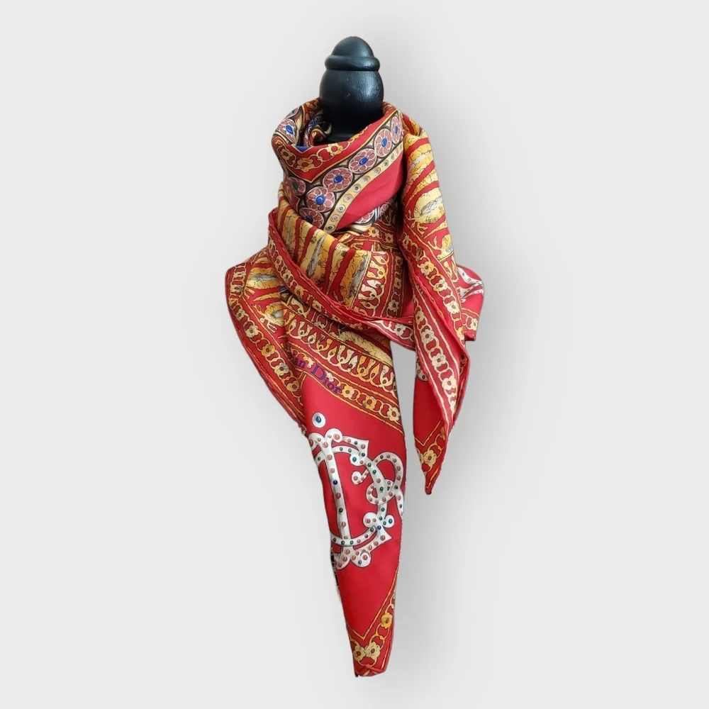 DIOR Vintage Red, Gold & Blue Silk Scarf - Intricate Hand Rolled Edges 90 Square